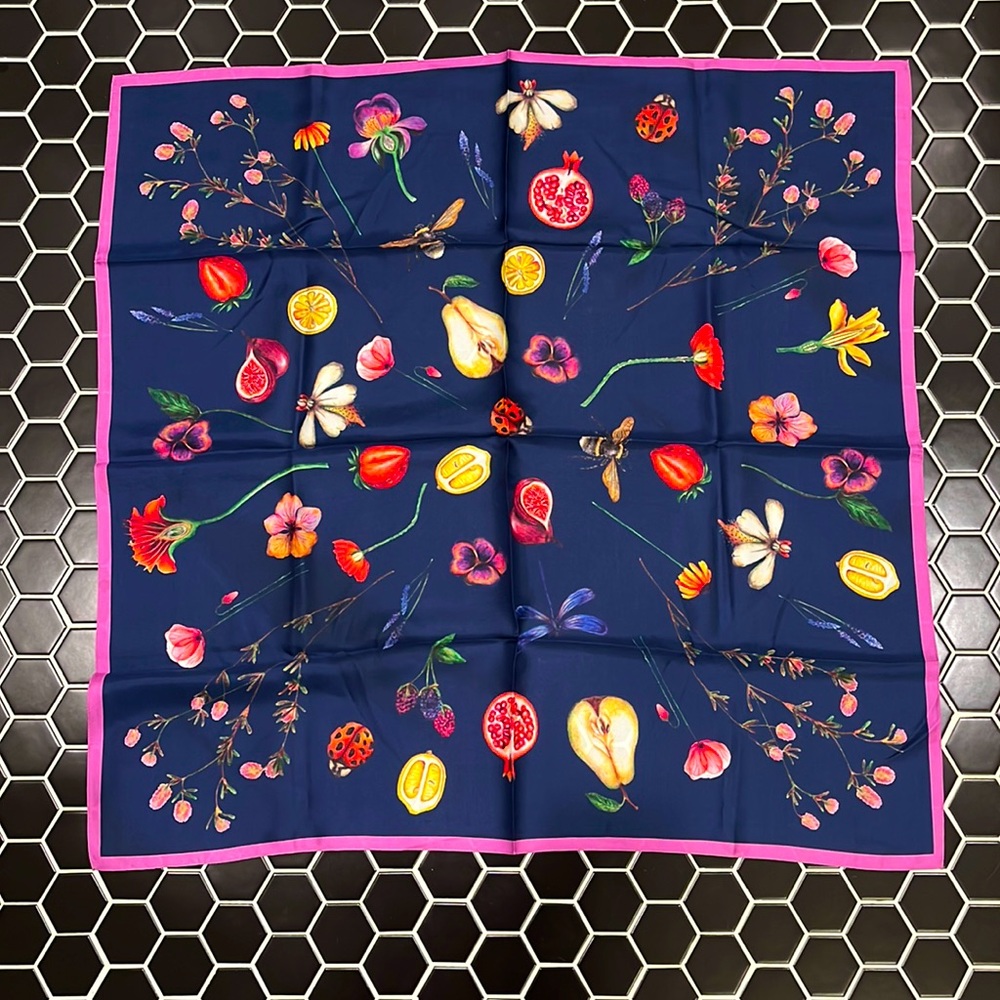 Flower, fruit, and critter square silk scarf